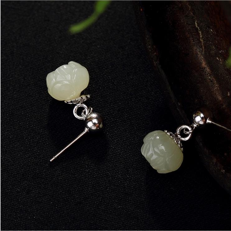 Original Natural Fine White Jade Lotus Earrings Vintage Retro Elegant Craftsmanship Charm Women's Silver Jewelry