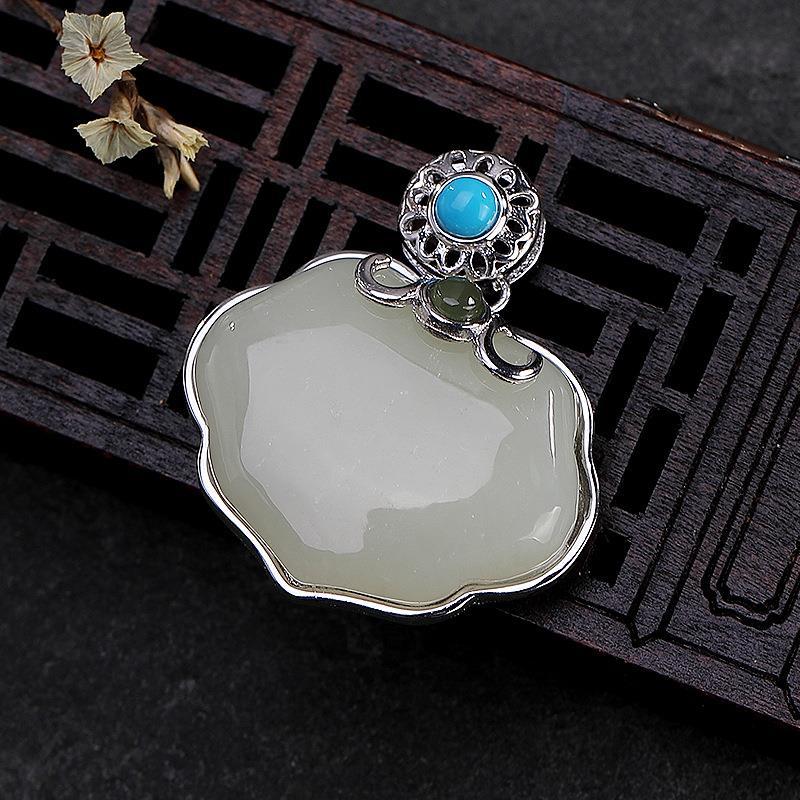 Original Natural Fine White Jade Pendant Necklace Vintage Classical Retro Charm Women's Silver Jewelry