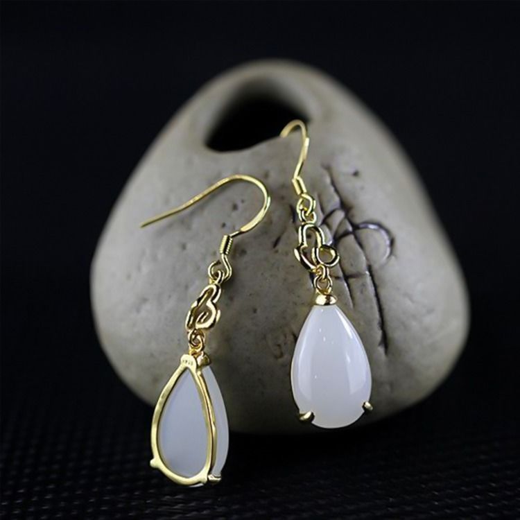 Original Natural White Jade Drop Earrings Vintage Style Retro Style Elegant Charm Women's Jewelry