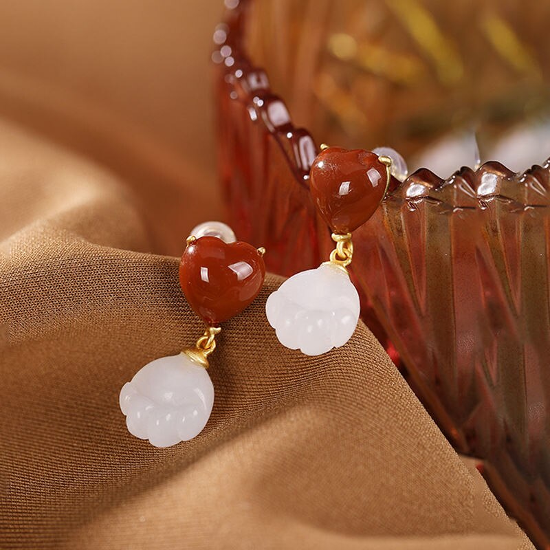 Original Natural White Jade Orchid Southern Red Agate Heart Earrings Vintage Style Retro Design Charm Women's Brand Jewelry