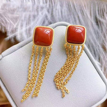 Load image into Gallery viewer, Original Natural Southern Red Agate Square Tassel Earrings Vintage Style Women&#39;s Silver Jewelry
