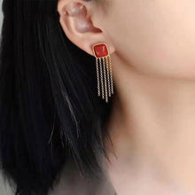 Load image into Gallery viewer, Original Natural Southern Red Agate Square Tassel Earrings Vintage Style Women&#39;s Silver Jewelry
