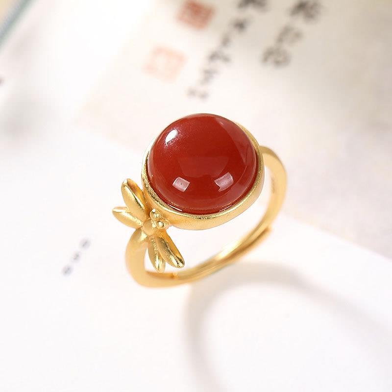 Original New Vintage Retro Dragonfly Southern Red Agate Open Ring Ladies Exquisite Elegant Ladies Silver Jewelry