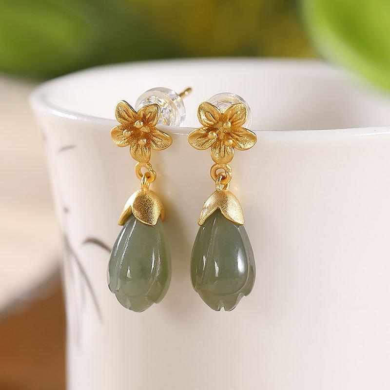 Original Craftsmanship Inlaid Orchid Natural Fine Jade Earrings Vintage Style Elegant Ladies Silver Jewelry