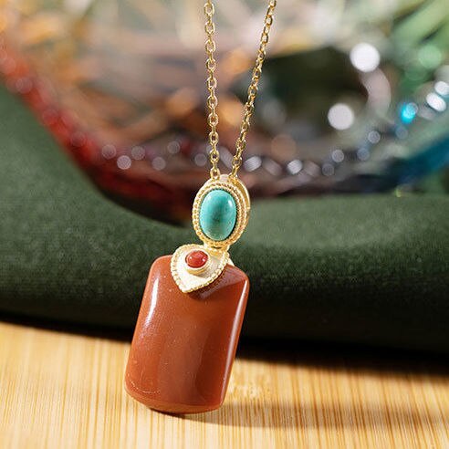 Original Craftsmanship Inlaid Natural Southern Red Agate Necklace Pendant Elegant Silver Jewelry