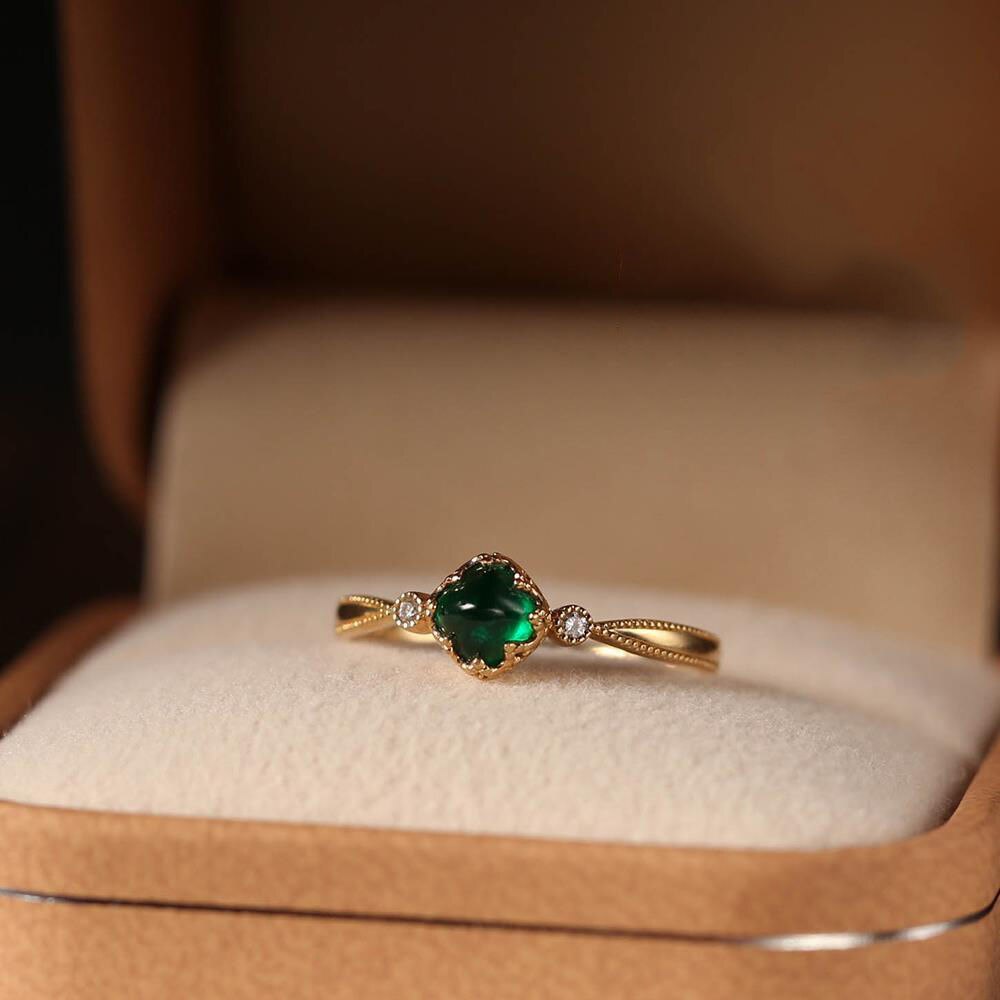 Original Green Crystal Opening Adjustable Ring Vintage Style Palace Unique Ancient Gold Craftsmanship Brand Jewelry