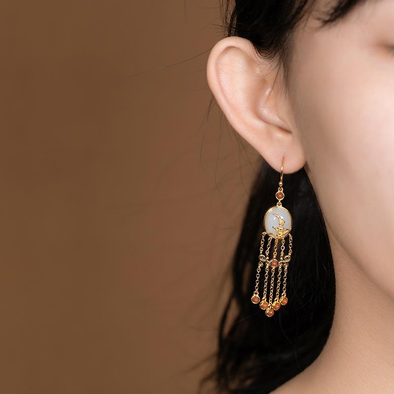 Original Natural Fine Jade Golden Oval Long Tassel Earrings Vintage Style Retro Ladies Jewelry