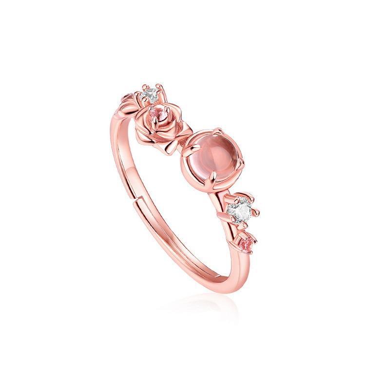 Original Natural Pink Crystal Rose Opening Adjustable Ring Elegant and Beautiful Cute Ladies Jewelry