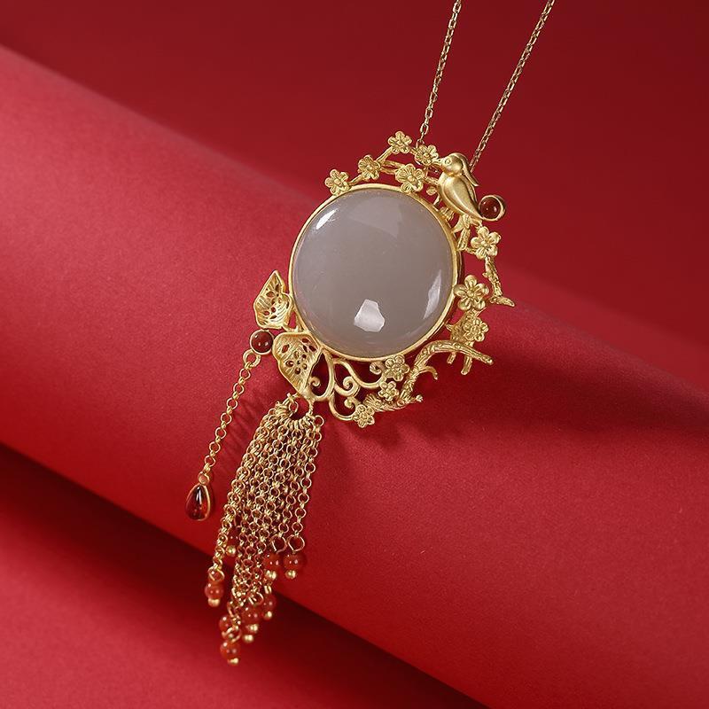 Original Ancient Golden Craftsmanship Inlaid Round Fine Smoky Jade Tassel Pendant Necklace Elegant Jewelry