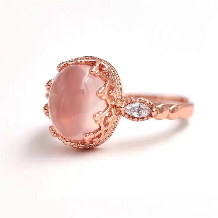 Original Pink Crystal Quatz Stone Lace Side Opening Adjustable Ring Elegant Charm Creative Retro Silver Jewelry