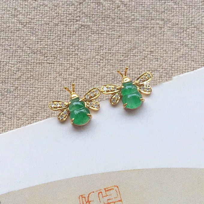 Original Silver Inlaid Natural Chalcedony Sweet Green Bee Earrings Exquisite Fashion Ladies Accessories