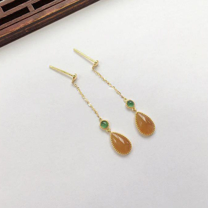 Original Silver Inlaid Natural Yellow Chalcedony Drop Earrings Delicate and Elegant Ladies Jewelry