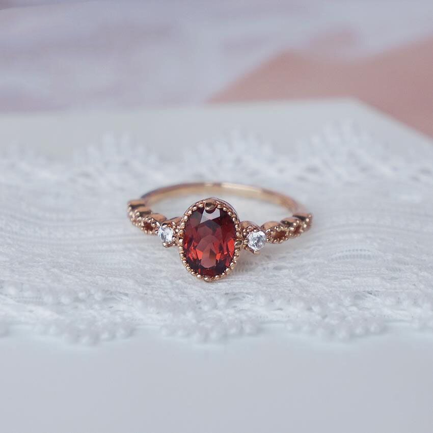 Original Garnet Gemstone Opening Adjustable Ring Luxury Charm Rose Gold Women's Brand Silver Jewelry