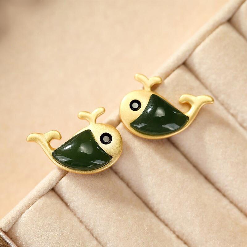 Original Silver Inlaid Natural Fine Jade Earrings Vintage Lovely Dolphin Charm Jewelry