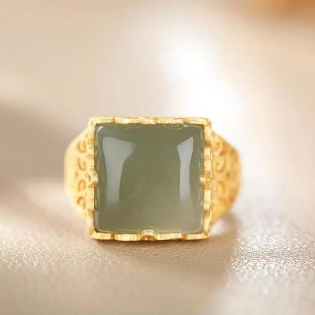 Original Silver Inlaid Natural Fine Jade Opening Adjustable Ring Vintage Retro Style Women's Brand Jewelry