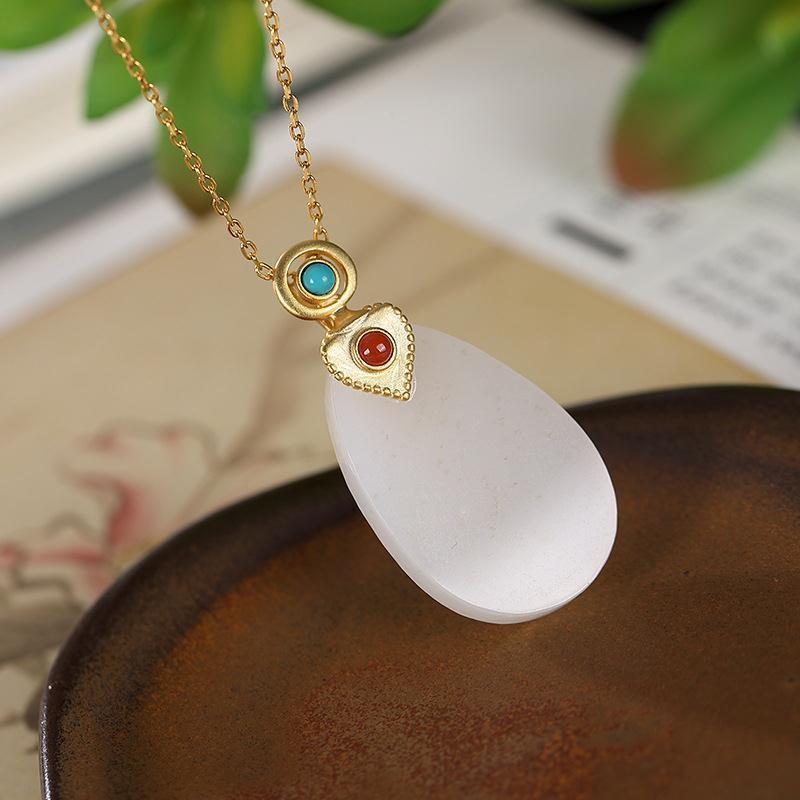 Original Silver Inlaid Natural Fine White Jade Pendant Necklace Vintage Style Retro Charm Luxury Women's Jewelry