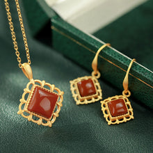 Load image into Gallery viewer, Original Silver Inlaid Natural Southern Red Agate Pendant Necklace Earrings Vintage Retro Charm Women&#39;s Jewelry Set
