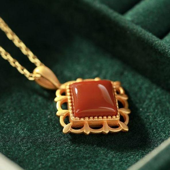 Original Silver Inlaid Natural Southern Red Agate Pendant Necklace Vintage Retro Charm Women's Jewelry