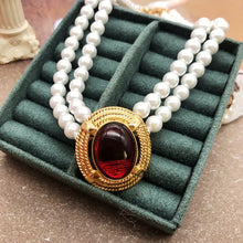 Load image into Gallery viewer, Handmade Double Strand Pearl Beaded Gold-plating Oval Drop Pendant Necklace
