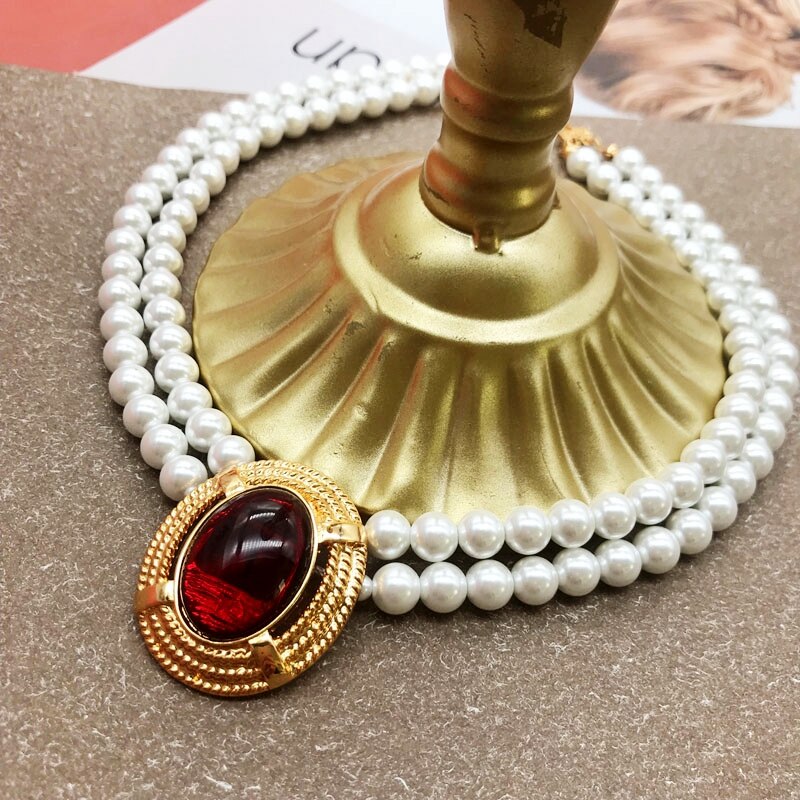 Handmade Double Strand Pearl Beaded Gold-plating Oval Drop Pendant Necklace