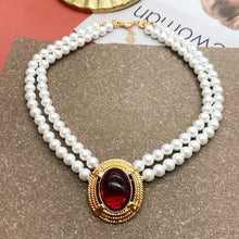 Load image into Gallery viewer, Handmade Double Strand Pearl Beaded Gold-plating Oval Drop Pendant Necklace
