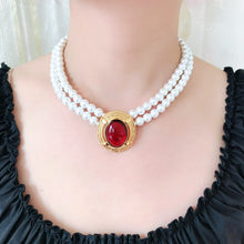 Load image into Gallery viewer, Handmade Double Strand Pearl Beaded Gold-plating Oval Drop Pendant Necklace
