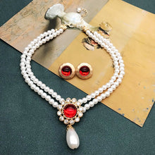 Load image into Gallery viewer, Handmade Double Strand Pearl Beaded Red Rhinestone Pendant Choker Necklace
