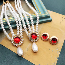 Load image into Gallery viewer, Handmade Double Strand Pearl Beaded Red Rhinestone Pendant Choker Necklace
