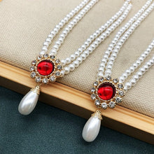 Load image into Gallery viewer, Handmade Double Strand Pearl Beaded Red Rhinestone Pendant Choker Necklace
