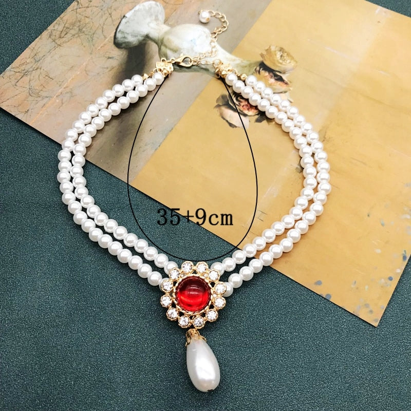 Handmade Double Strand Pearl Beaded Red Rhinestone Pendant Choker Necklace