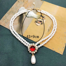 Load image into Gallery viewer, Handmade Double Strand Pearl Beaded Red Rhinestone Pendant Choker Necklace
