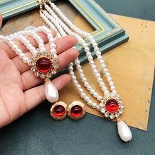 Load image into Gallery viewer, Handmade Double Strand Pearl Beaded Red Rhinestone Pendant Choker Necklace
