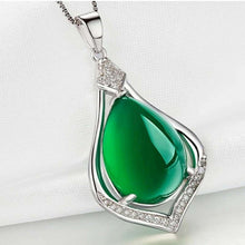 Load image into Gallery viewer, Lokaloca Natural Green Jade Chalcedony Water Drop Pendant 925 Silver Jewelry Necklace
