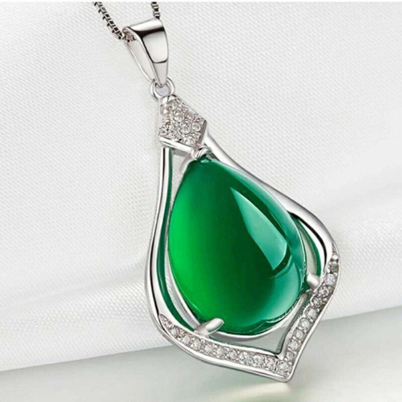 Lokaloca Natural Green Jade Chalcedony Water Drop Pendant 925 Silver Jewelry Necklace