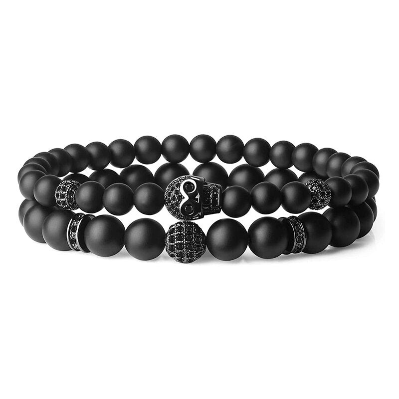 Double Strands Natural Black Obsidian Beaded Skull Charm Bracelet