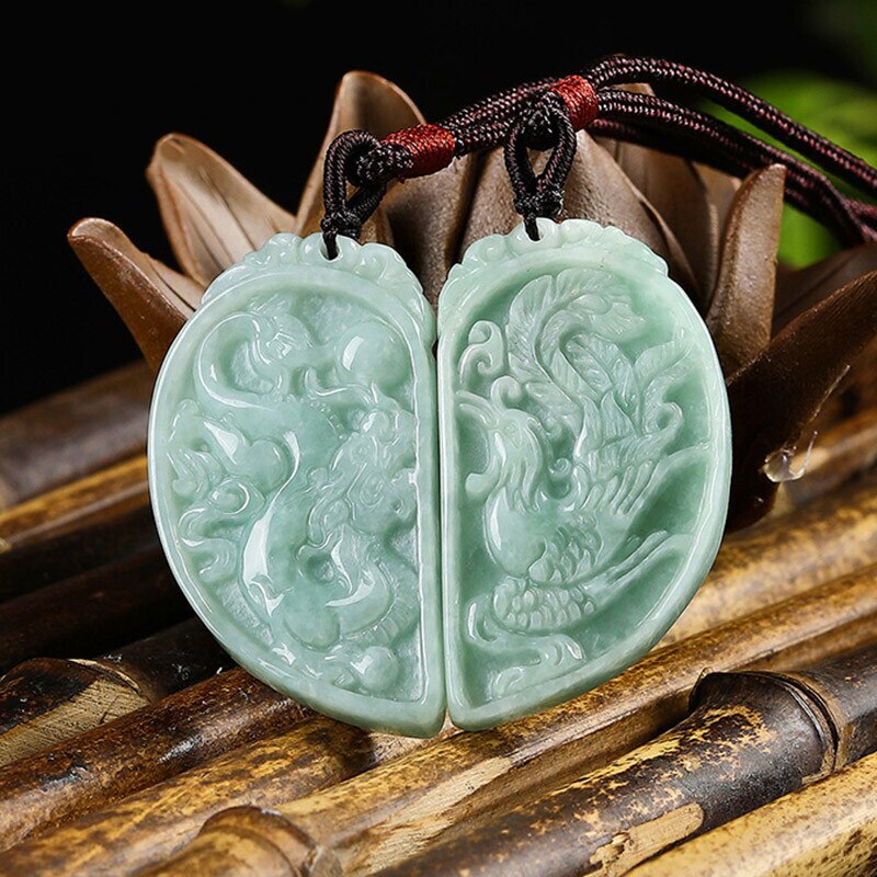 Lokaloca Handcrafted Natural Burma Jade Phoenix and Dragon Pendant Necklace