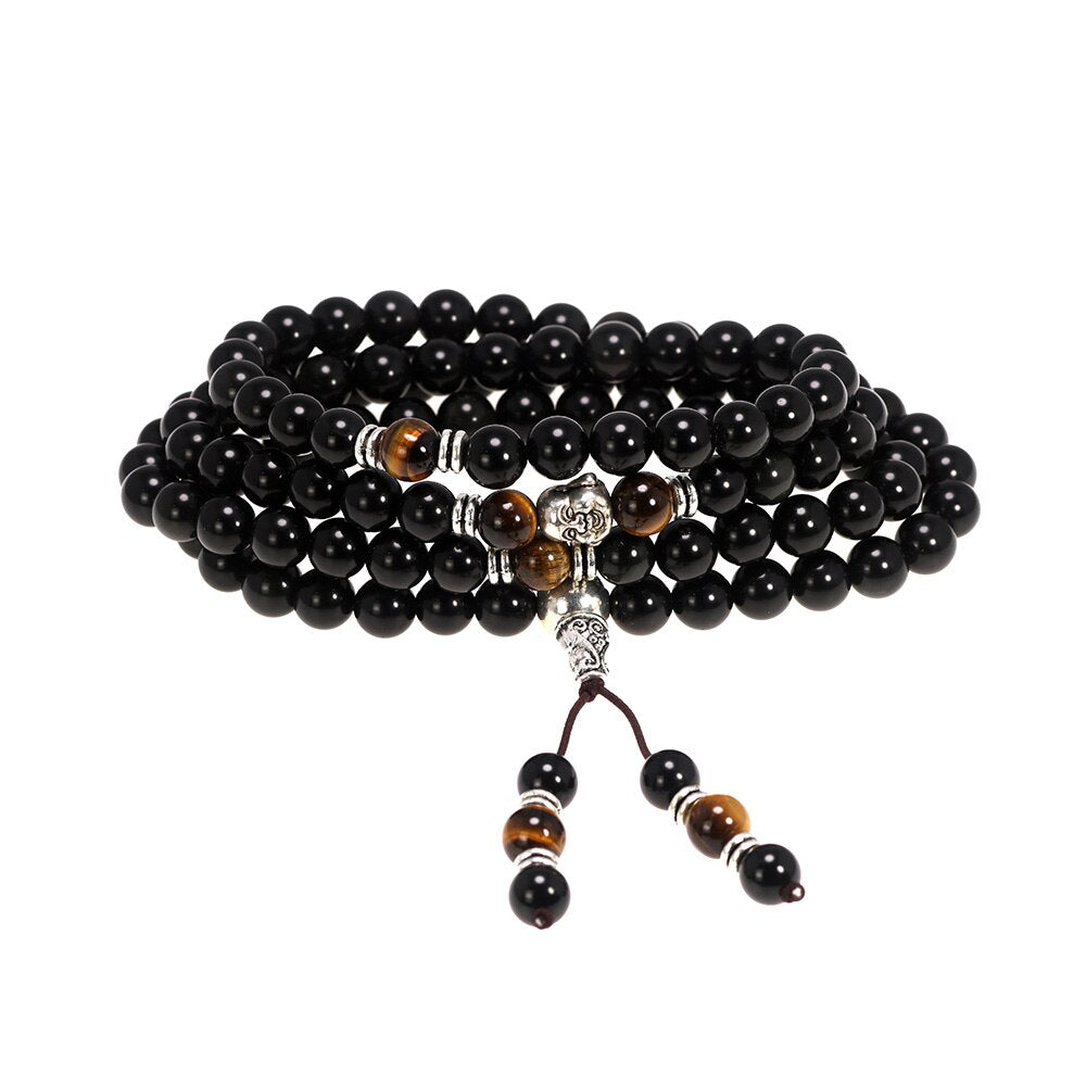 Multilayer 108 Natural Rainbow Obsidian Beads Charm Bracelet