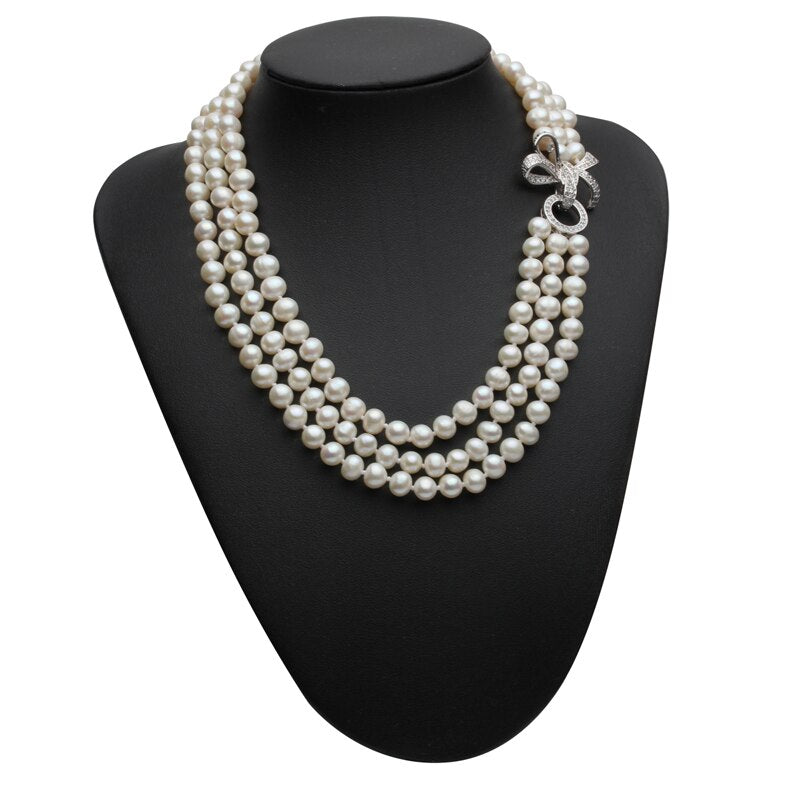 Multi Strands Natural Freshwater Round Pearl Charm Necklace Choker for Ladies