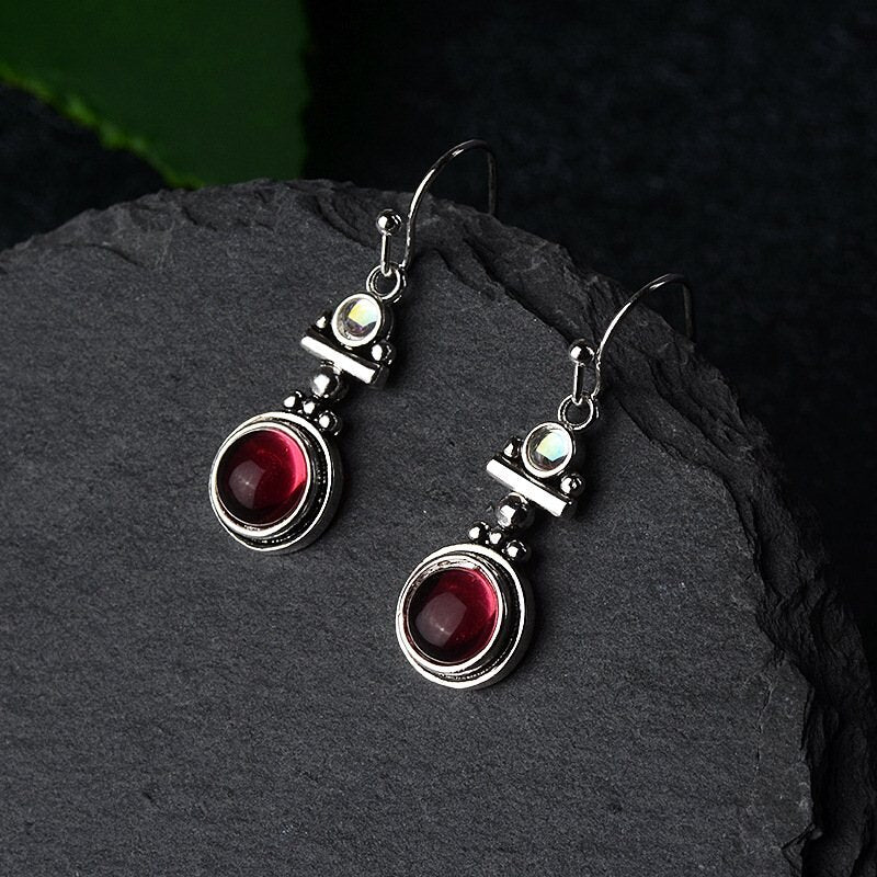 Retro Design Red Garnet Crystal Long Drop Dangle Earrings for Women Gemstone Jewelry