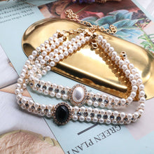 Load image into Gallery viewer, Handmade Double Strand Pearl Rhinestone Beaded Peandant Choker Necklace
