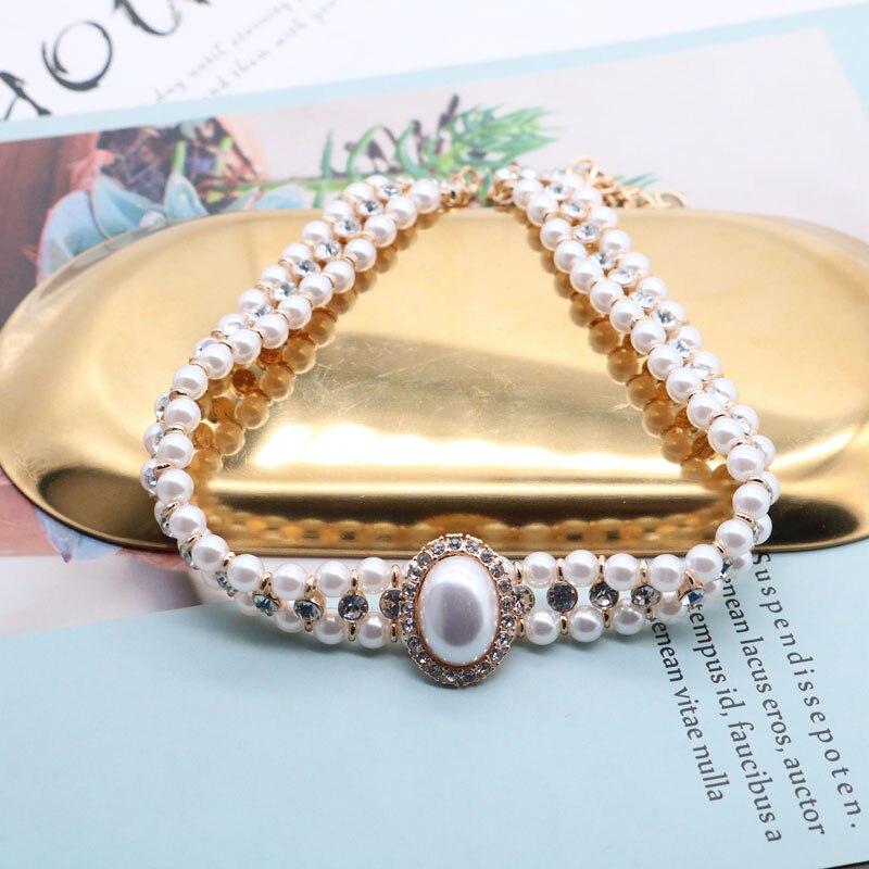 Handmade Double Strand Pearl Rhinestone Beaded Peandant Choker Necklace