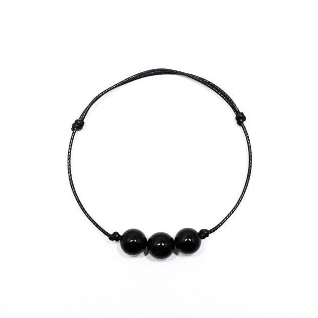 Minimalist Design Natural Black Golden Obsidian Beaded Rope Leather Bracelet