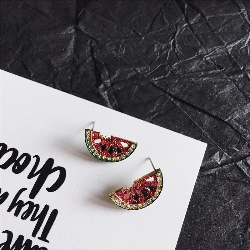 S925 Silver Inlaid Crystal Watermelon Mini Fruit Cute Earrings Jewelry for Women