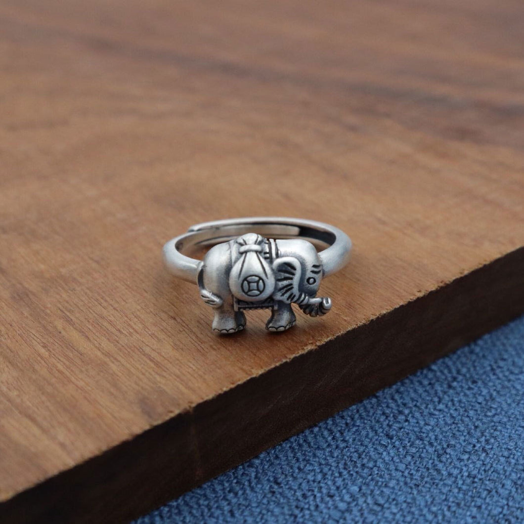 S925 Silver Elephant Ring Retro Auspicious Craft Niche Design Women's Opening Adjustable Ring