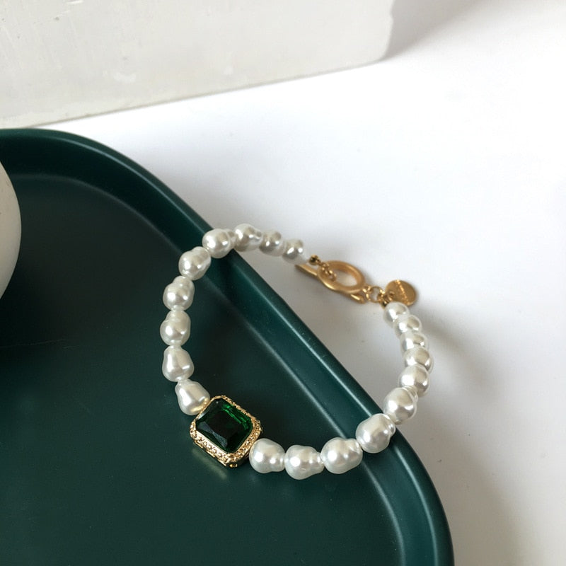 Handmade Pearl Beaded Green Crystal Charm Bracelet