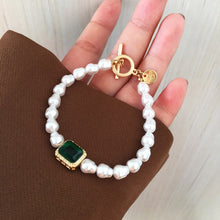 Load image into Gallery viewer, Handmade Pearl Beaded Green Crystal Charm Bracelet
