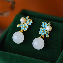 Load image into Gallery viewer, Silver Inlaid Vintage Style Classical Flower Natural Fine White Jade Pearl Earrings For Female
