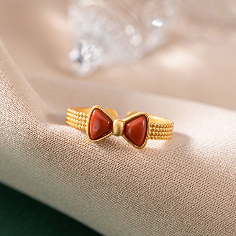 Silver Inlaid Southern Red Agate Geometric Retro Lovely Bow Niche Craftsmanship Advanced Women Charm Ring