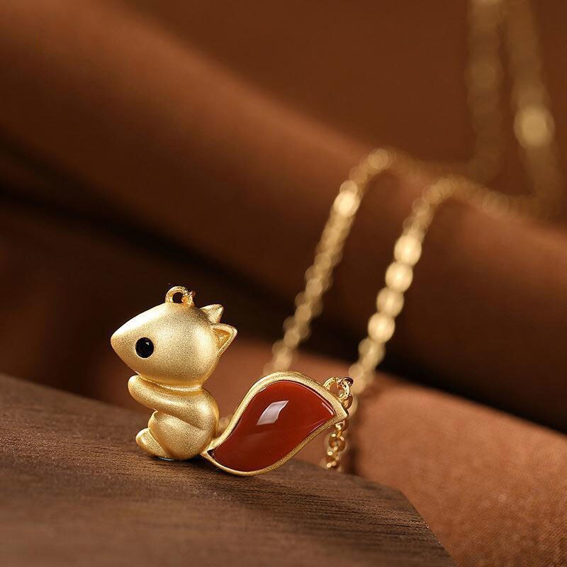 Silver Inlaid Natural Southern Red Agate Squirrel Pendant Necklace Cute Charm Niche Craft Women's Brand Jewelry