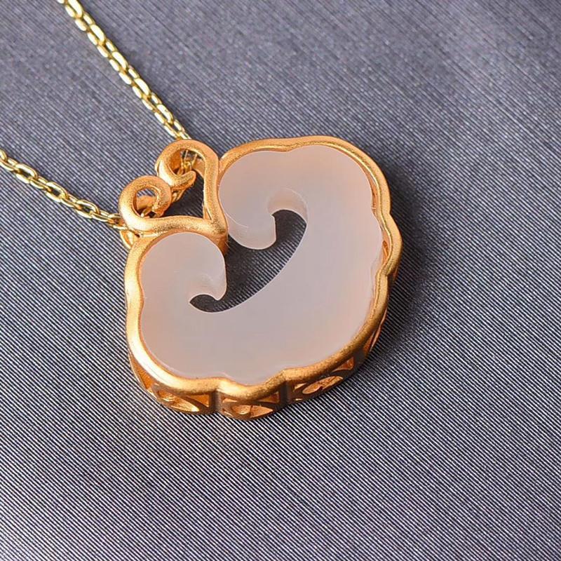 Silver Inlaid Natural White Jade Cloud Vintage Retro Niche Design  Women's Pendant Necklace